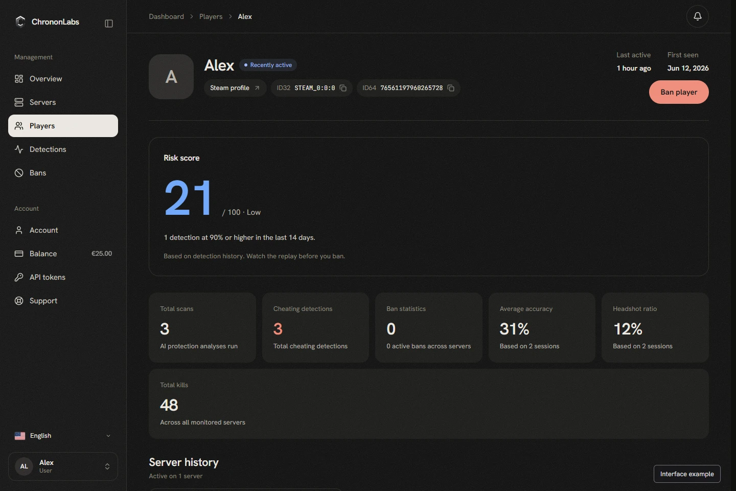 Example of a player profile in ChrononLabs.